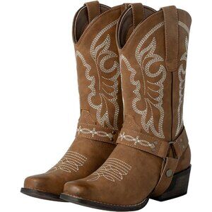 🆕Women's Brown Fashion Western Square Toe Booties With Removable Buckle Strap